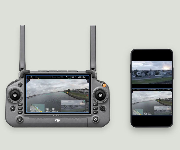 XM2 Reel Engine: DJI RC Plus showing the flight screen beside a phone displaying the finished vertical reel
